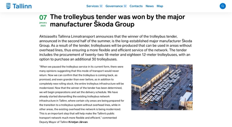 Screenshot of a City of Tallinn news page about the trolleybus tender won by Škoda Group, illustrated with an aerial photo of a trolleybus depot.