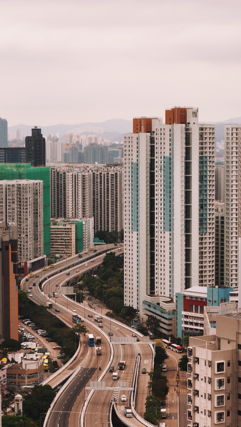 Elevated motorway curving between high-rise housing blocks under an overcast sky.